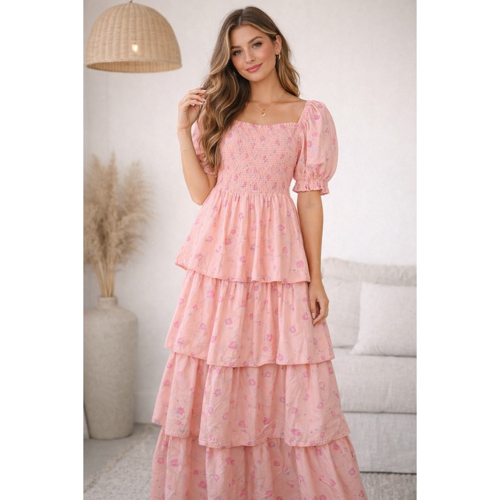 LoveShackFancy Target Pink Floral Smocked Tiered‎ Maxi Dress XXS Cottagecore